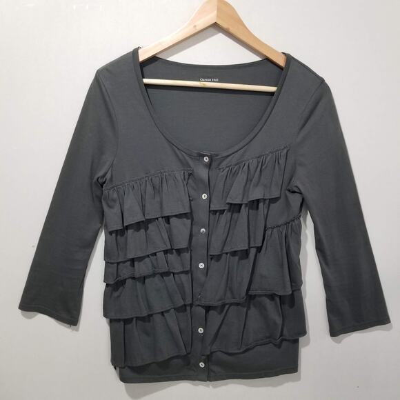 Garnet Hill Top Womens XS Gray Ruffle Cardigan Button Front Pima Cotton - Picture 1 of 8
